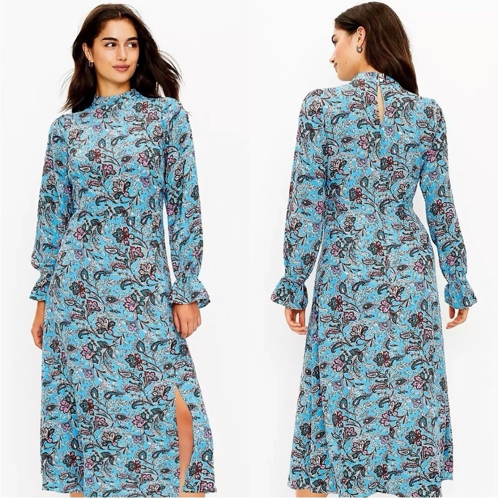 Loft Bouquet Mock Neck Blue Floral Paisley Long Sleeve MIDI Dress Sz 6